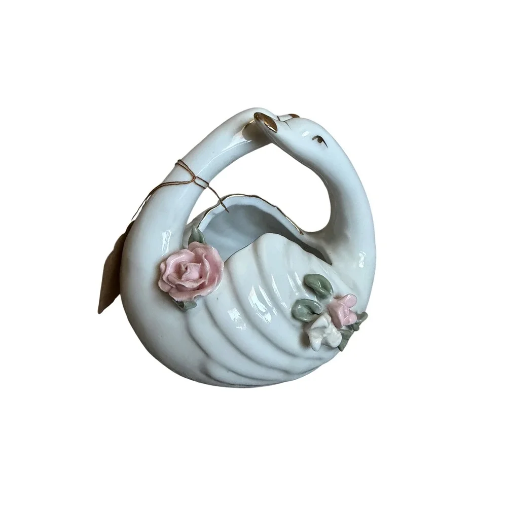 Vintage Porcelain Double Swan Planter Gilded Gold Beak Pink Floral Trinket Dish